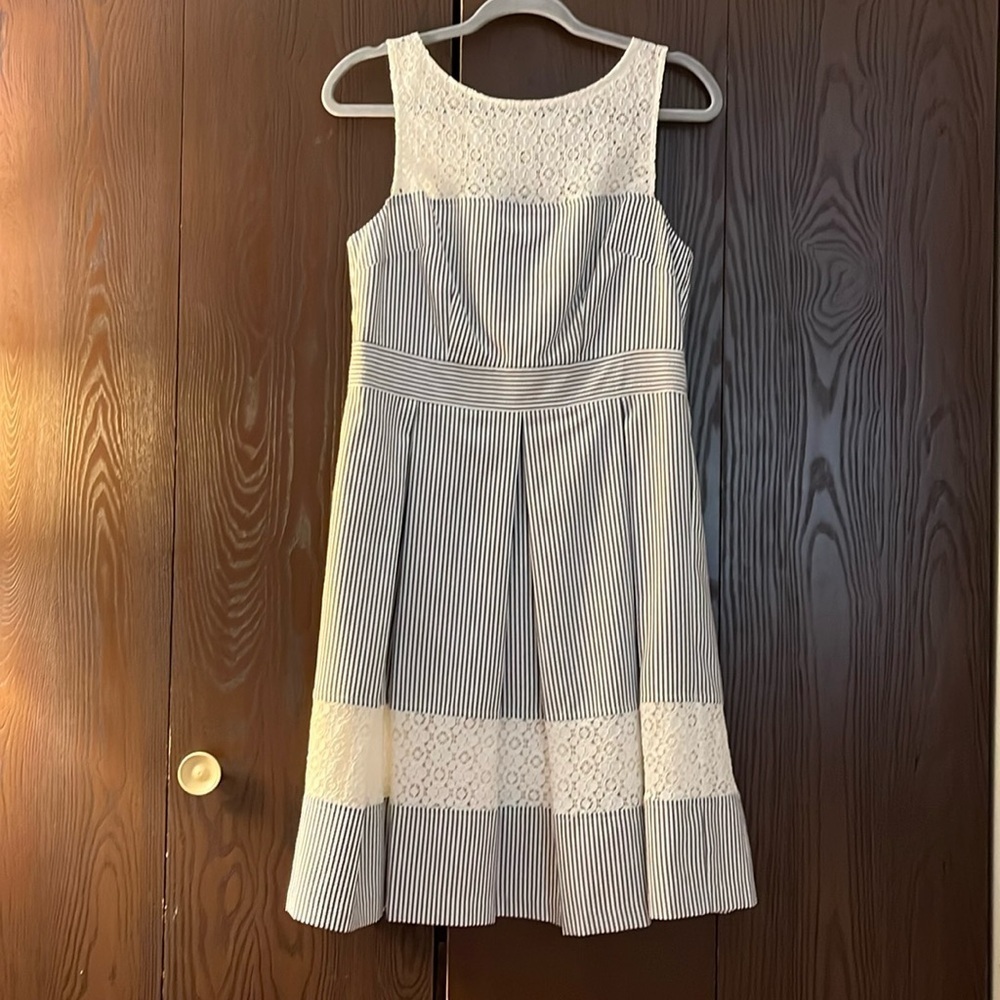 London Times Navy and White Lace Midi Dress